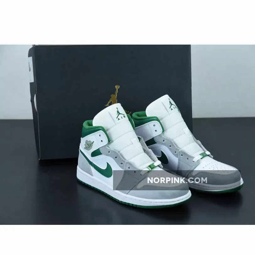Air Jordan 1 Mid White/Light Smoke Grey/Pine Green green and gray jordan 1