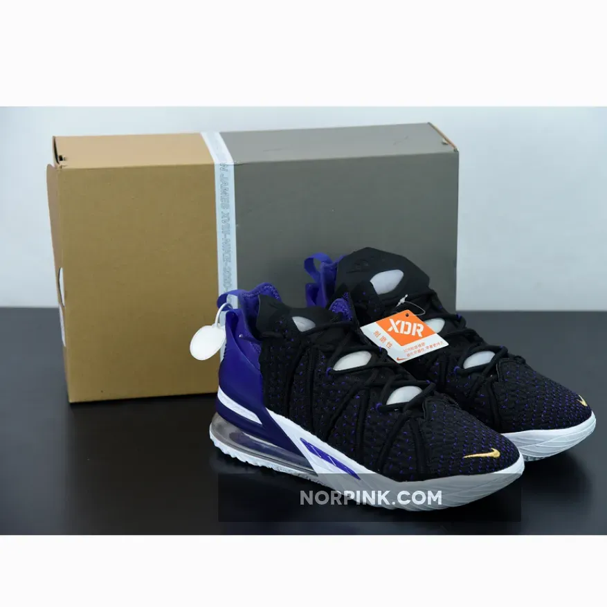 Nike LeBron 18 'Lakers' Black/Metallic Gold-Court Purple-White CQ9283-004 / lebron 18 white black