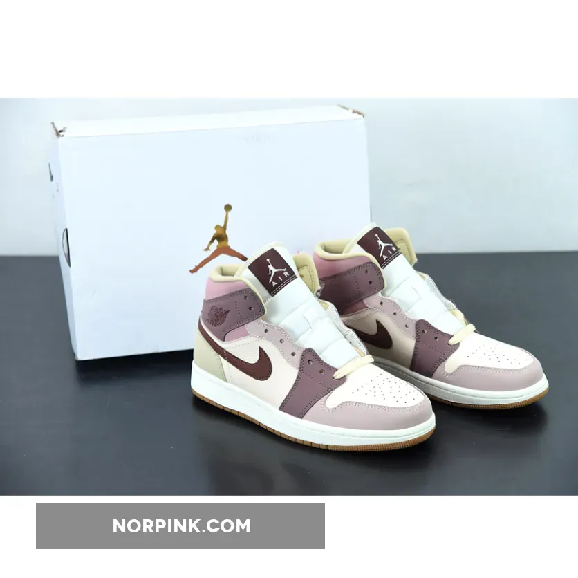 Air Jordan 1 Mid SE Dark Pony Smoky Mauve tan and red jordan 1