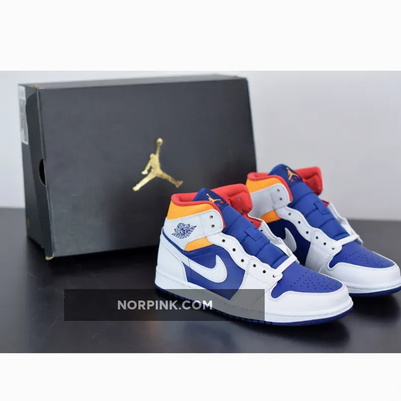 Air Jordan 1 Mid White/Deep Royal Blue-Track Red-Laser Orange