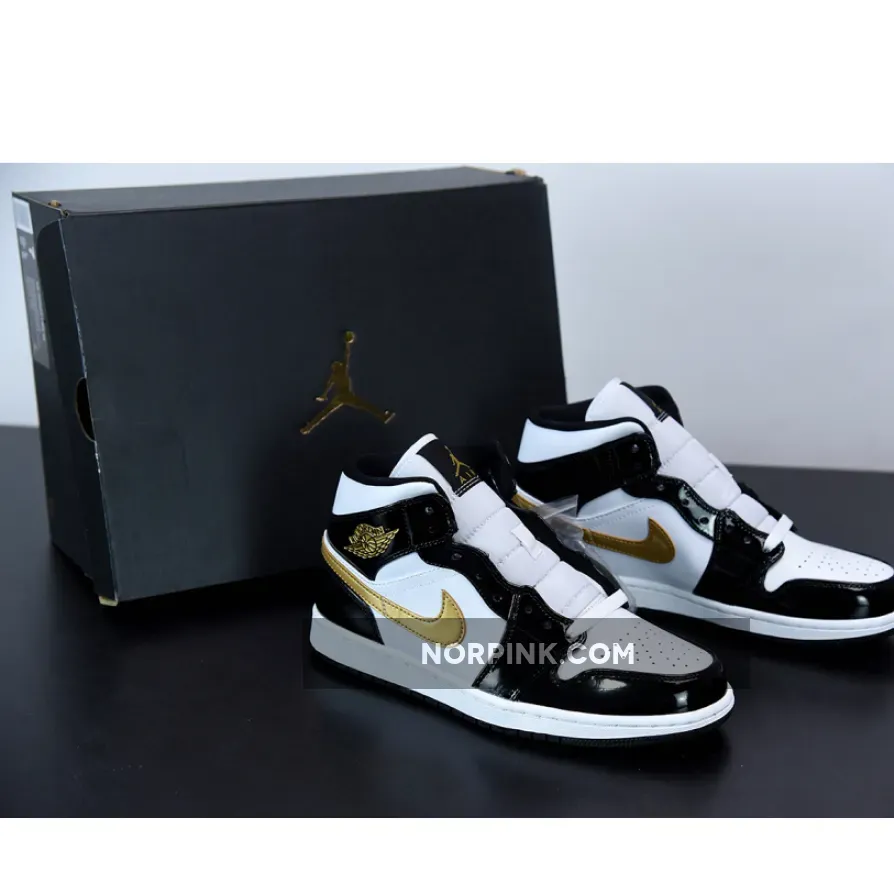 Jordan 1 Mid Patent Black White Gold