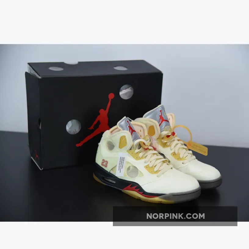 OFF-WHITE x Air Jordan 5 Retro "Sail" Men's Sail/Fire Red-Muslin-Black AJ5
